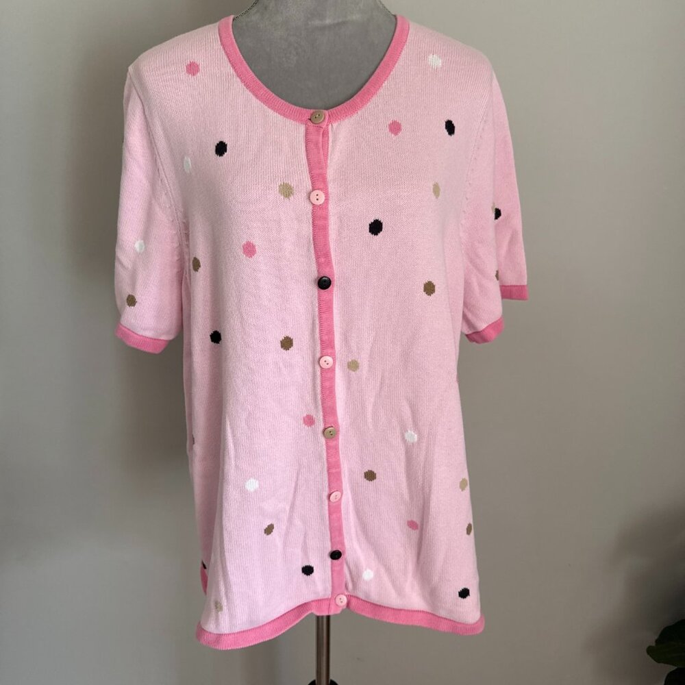 CJ Banks Women’s Pink Polka Dot Short Sleeve Button Down Sweater Sz 3X